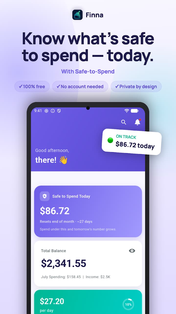 Finna home screen showing the Safe to Spend Today amount, total balance, and daily spend allowance
