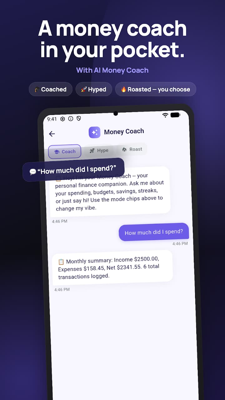 The AI Money Coach chat answering a question about monthly spending, with Coach, Hype, and Roast modes