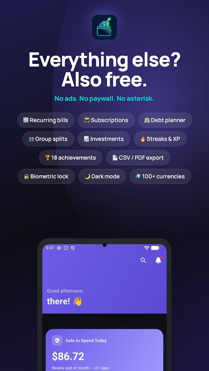 Feature overview listing recurring bills, subscriptions, debt planner, group splits, investments, exports, biometric lock, dark mode, and 100+ currencies