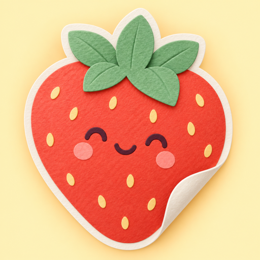 A smiling strawberry sticker with a curled paper corner, the Peel & Post app icon